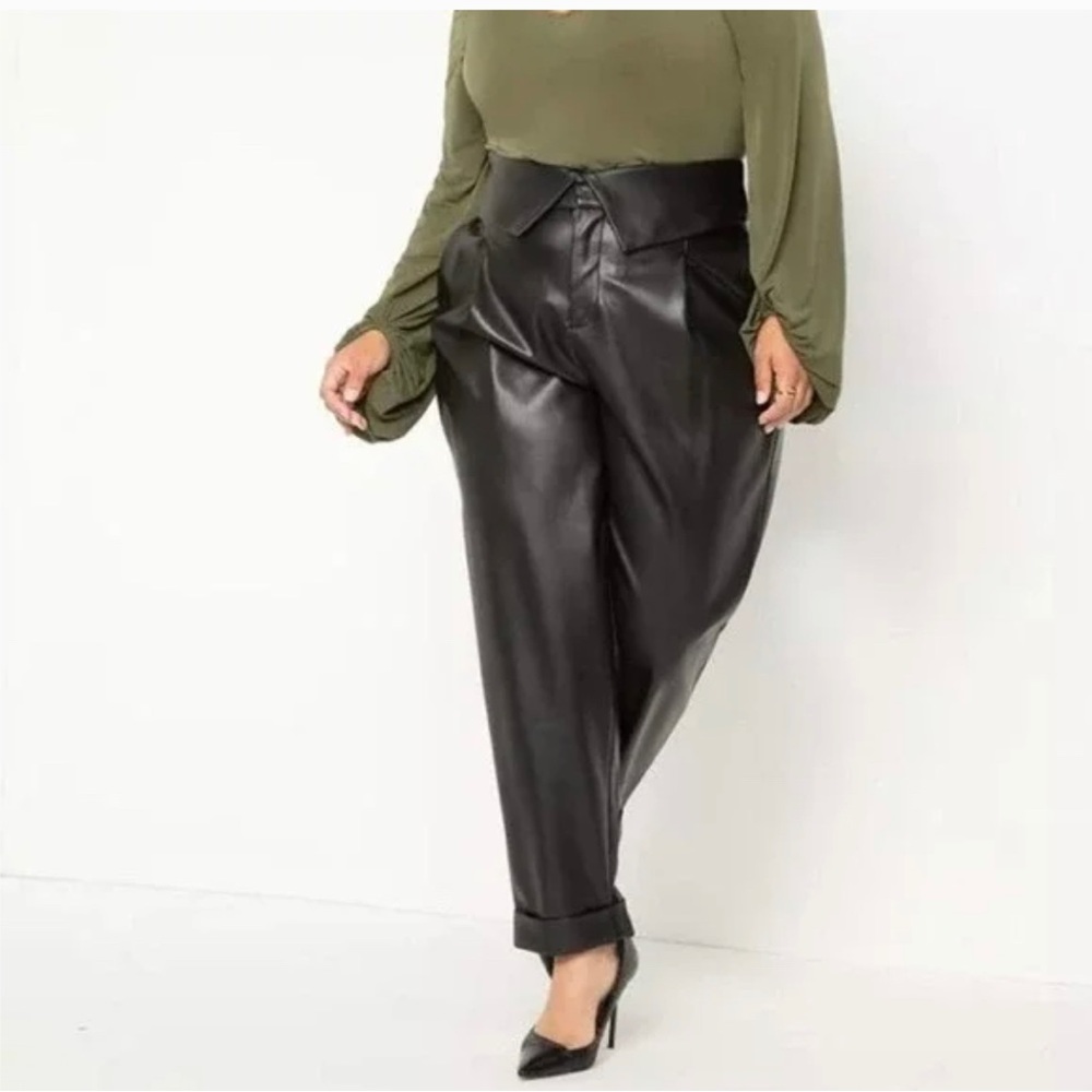 Eloquii vegan leather black paper bag waist trouser with tapered leg